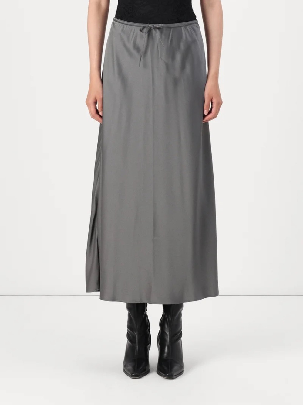 Abercrombie Satin Drawstring Maxi Skirt in Steel Gray - M
